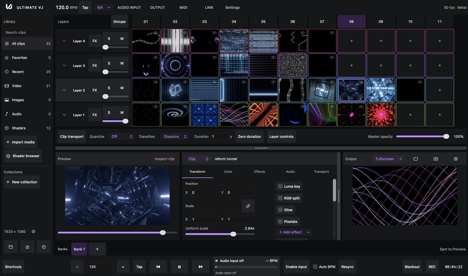 Ultimate VJ with four colored clip layers, a library, clip inspector, preview and output monitors